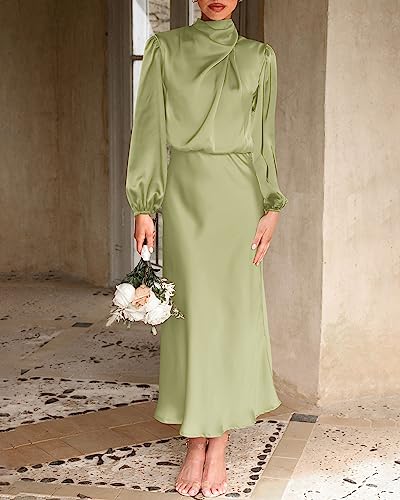 Tender Green Satin Mock Neck Maxi