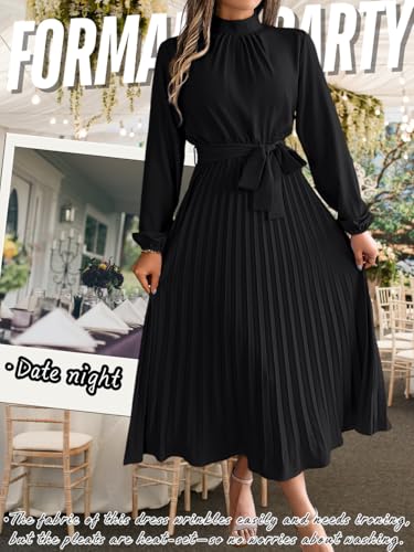 Black Pleated A-Line Mock Neck Church Maxi