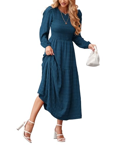 Long Sleeve Smocked A-Line Crew Neck Puff Sleeve Maxi
