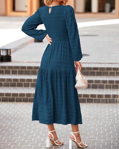 Long Sleeve Smocked A-Line Crew Neck Puff Sleeve Maxi