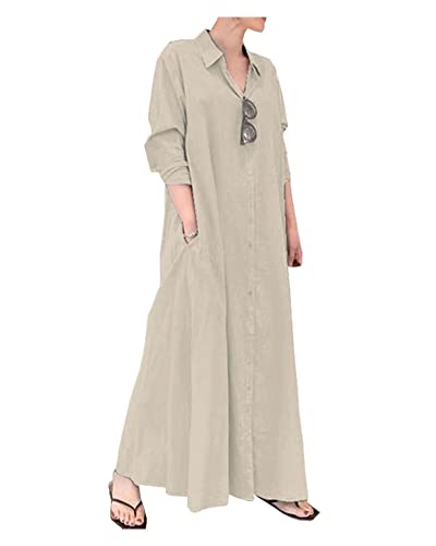 Long Sleeve Button-Front Cotton Pockets Maxi