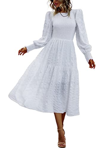 Long Sleeve White Smocked A-Line Crew Neck Puff Sleeve Empire Maxi