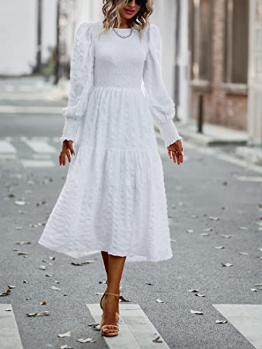 Long Sleeve White Smocked A-Line Crew Neck Puff Sleeve Empire Maxi