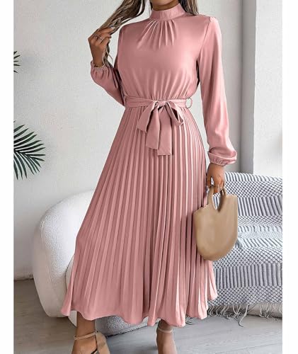 Pleated A-Line Chiffon Mock Neck Dress
