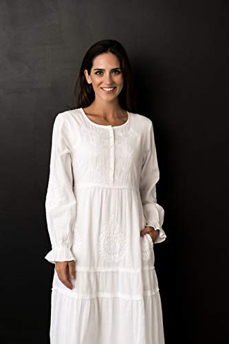 Long Sleeve White Button-Front Cotton Dress