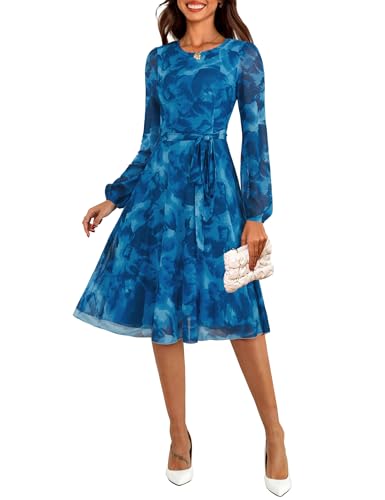 Long Sleeve Floral Mesh Church Tea-Length Puff Sleeve Midi