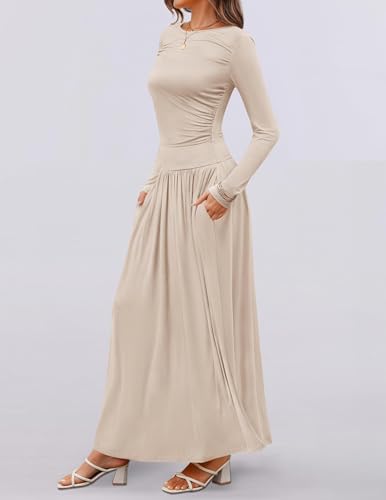Long Sleeve Pleated Knit Crew Neck Pockets Maxi