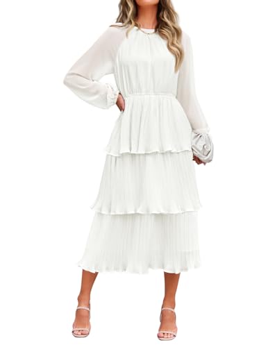 Long Sleeve White Chiffon Crew Neck Midi