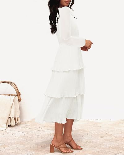 Long Sleeve White Chiffon Crew Neck Midi