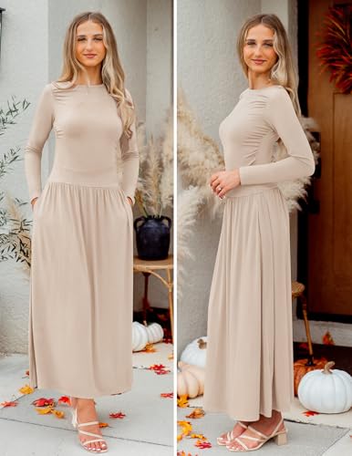 Long Sleeve Pleated Knit Crew Neck Maxi